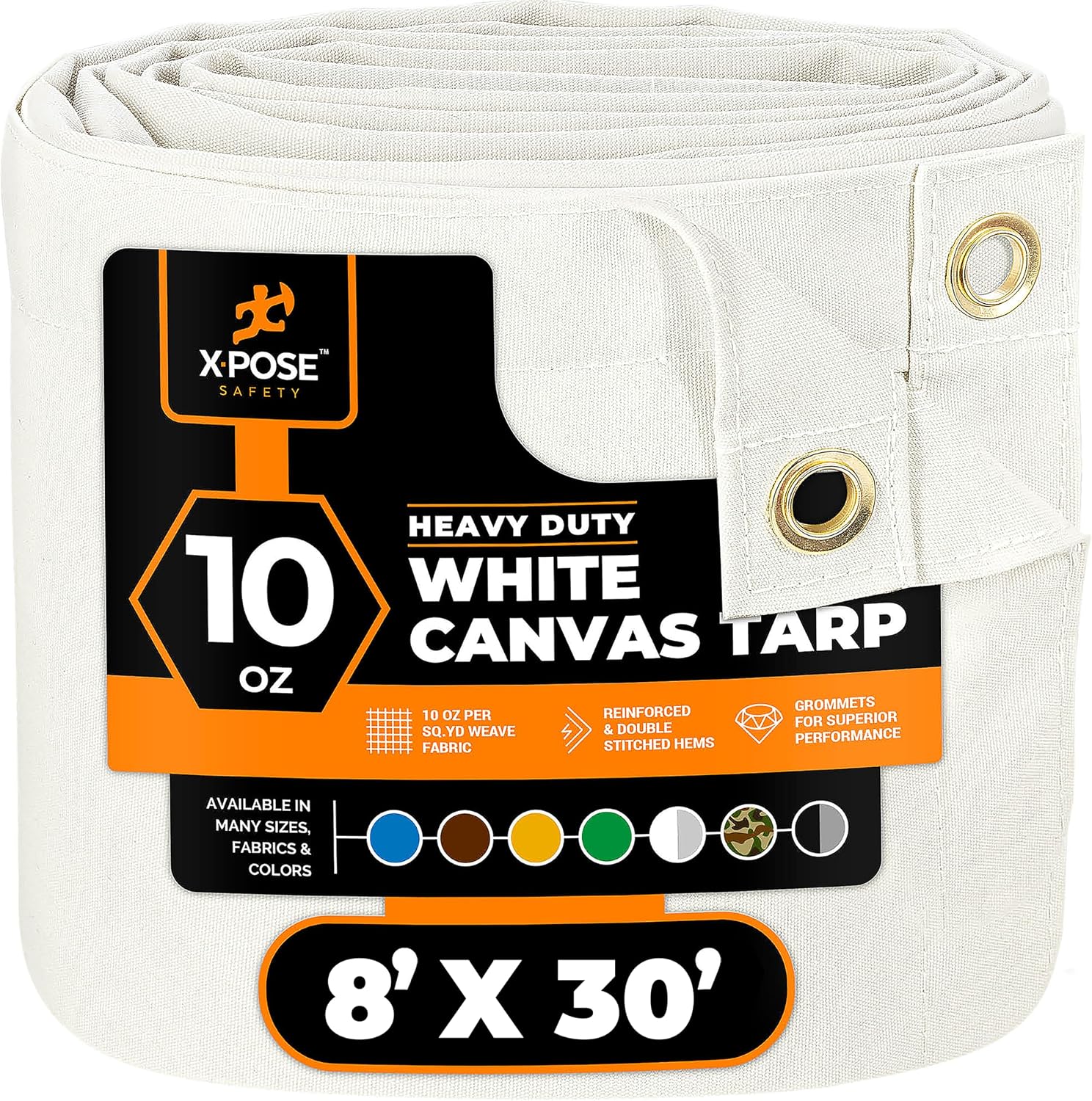 Detalle de Xpose Safety Canvas Tarp - 10oz White Heavy-Duty Water-Resistant Canvas Tarp with Brass Grommets, 8' x 30