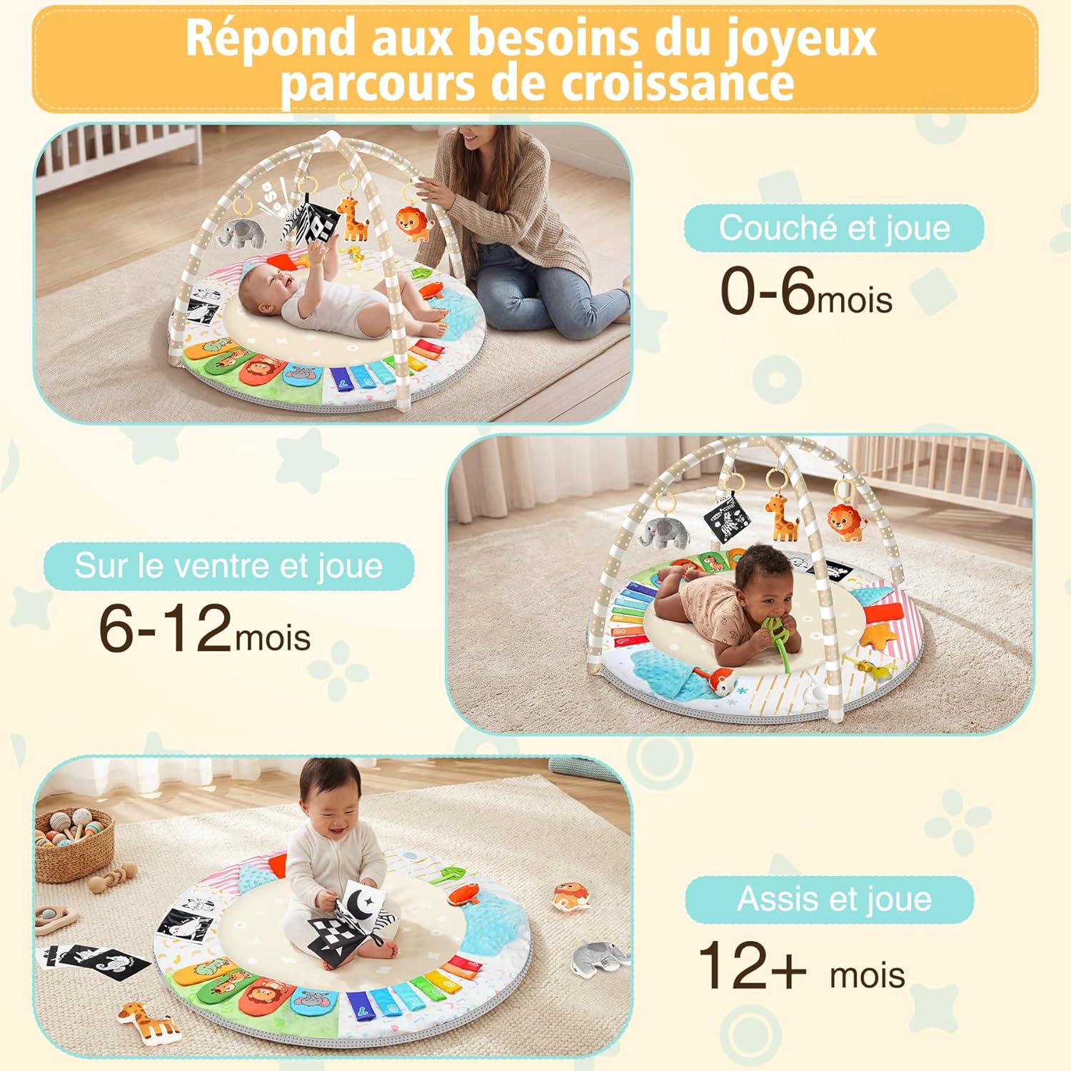 Thumbnail 3 de URMYWO Tapis d’éveil bébé avec arche amovible et 5 jouets détachables (0-18 mois)