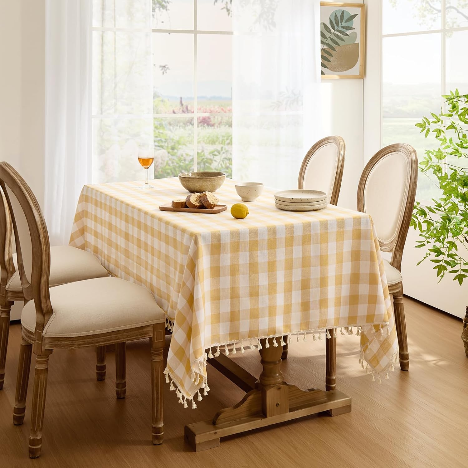 Thumbnail 6 de Softalker Checkered Tablecloth Square, 55 x 55 Inch, Yellow Buffalo Plaid Outdoor Linen-Cotton with Tassels