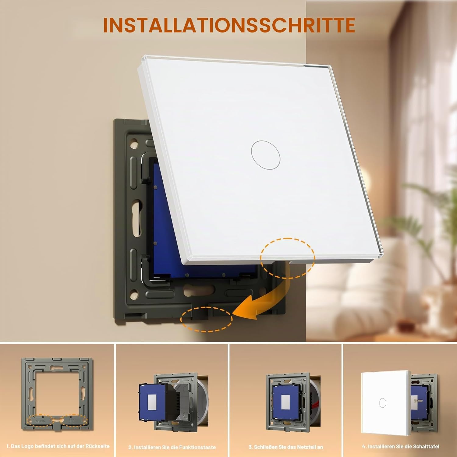 Thumbnail 6 de BSEED Touch Lichtschalter aus Glas – 2-Wege, Unterputz, LED-Hintergrundbeleuchtung, Kein Neutralleiter erforderlich, Weiß, 2er Pack