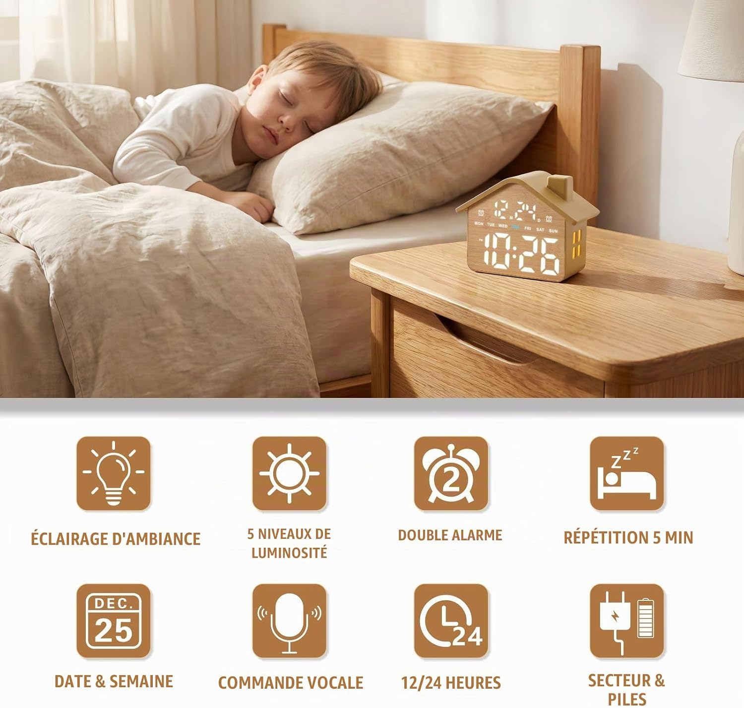 Detalle de Plumeet VLEU-8053-WD digitale wekker met dubbele alarmen en dimbaar display