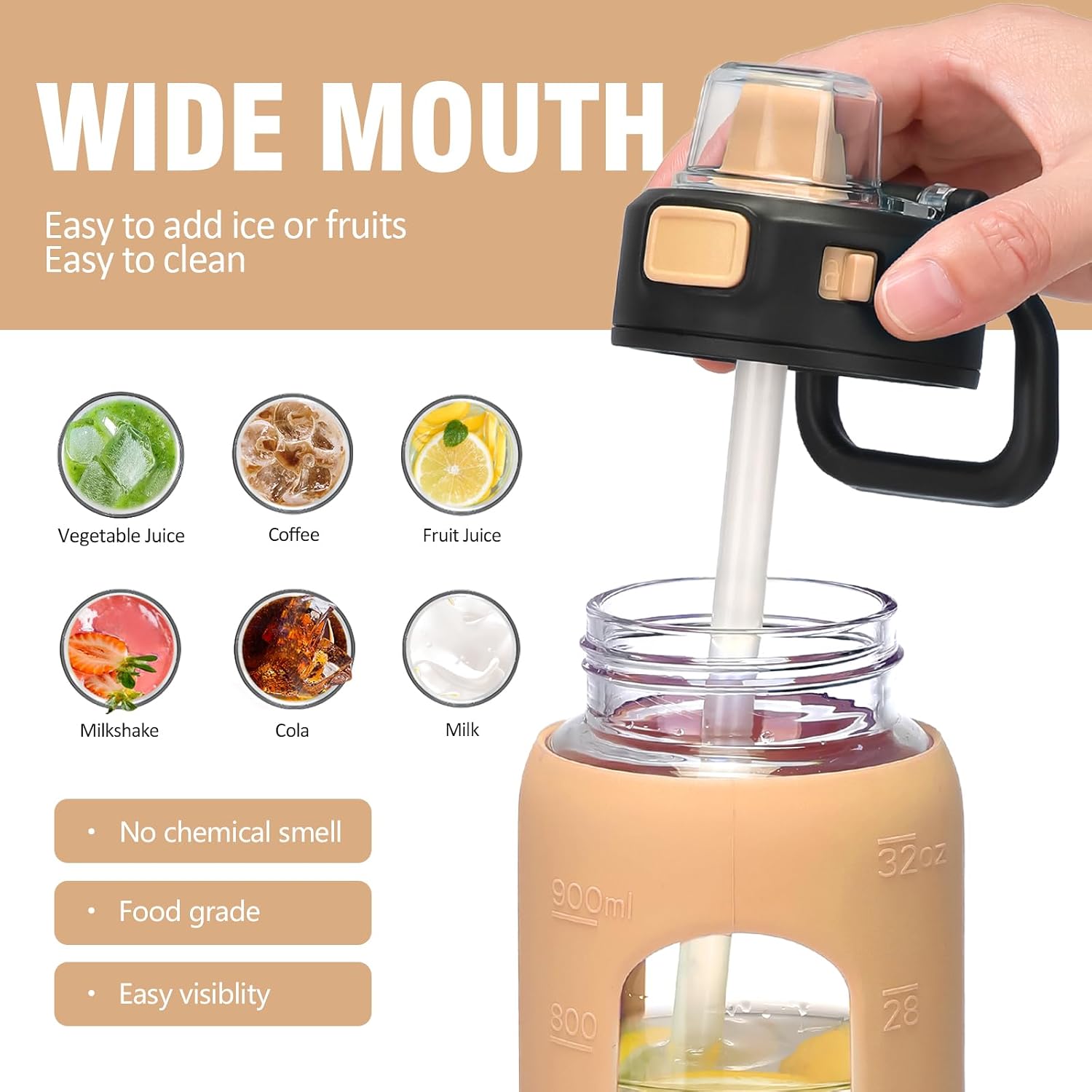 Detalle de BLUEGO 900ml Glass Water Bottle with Handle & Straw, Silicone Sleeve and Time Marking (Leak-proof)