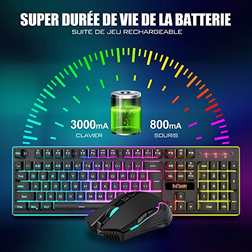 Thumbnail 2 de RedThunder K10 Ensemble Clavier et Souris Gaming sans Fil (AZERTY FR), rétroéclairage LED, 2,4G, 3000 mAh + 800 mAh