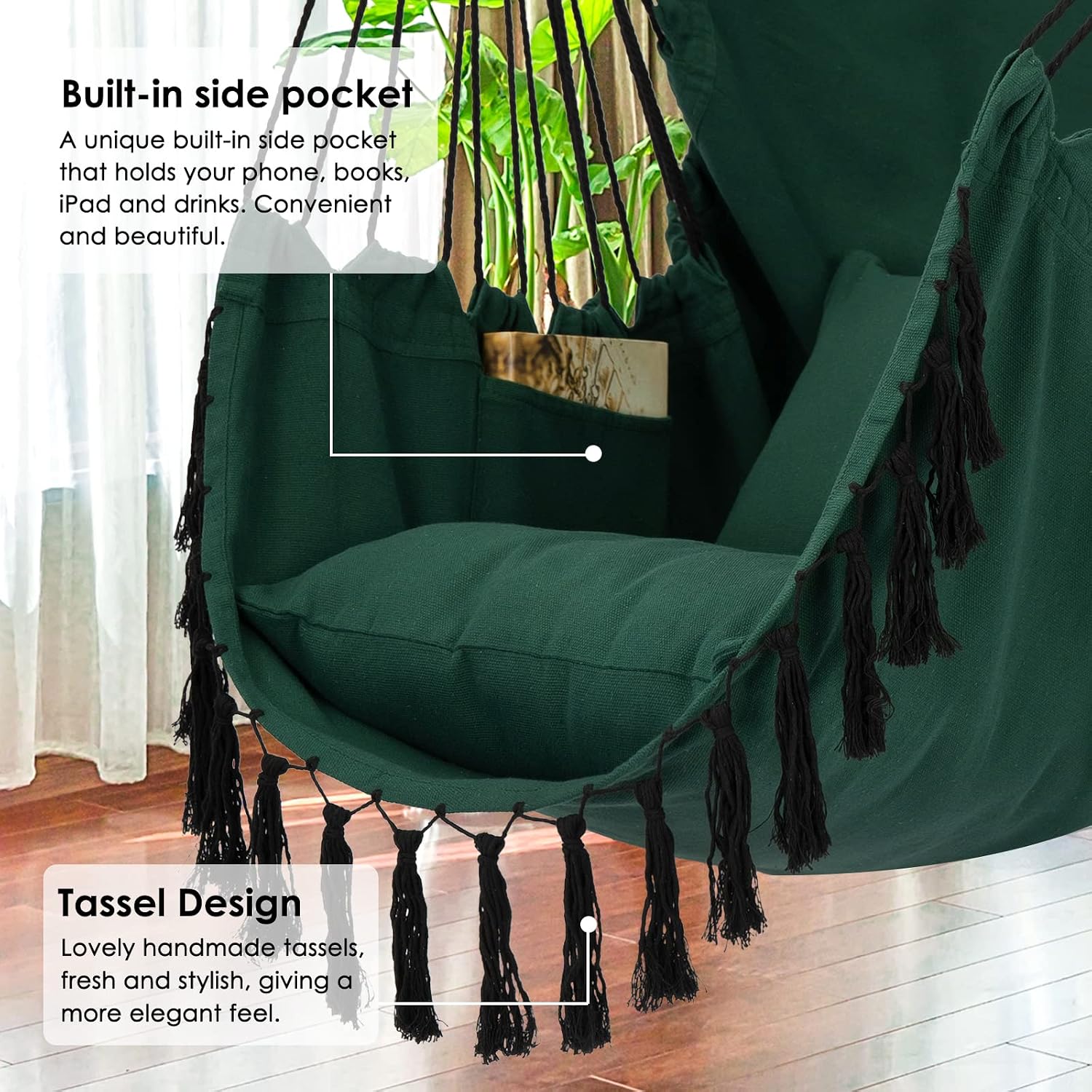 Detalle 2 de Y- STOP YS-MAC-green Macrame Hanging Chair, 500 lb Limit, Cushions and Pocket
