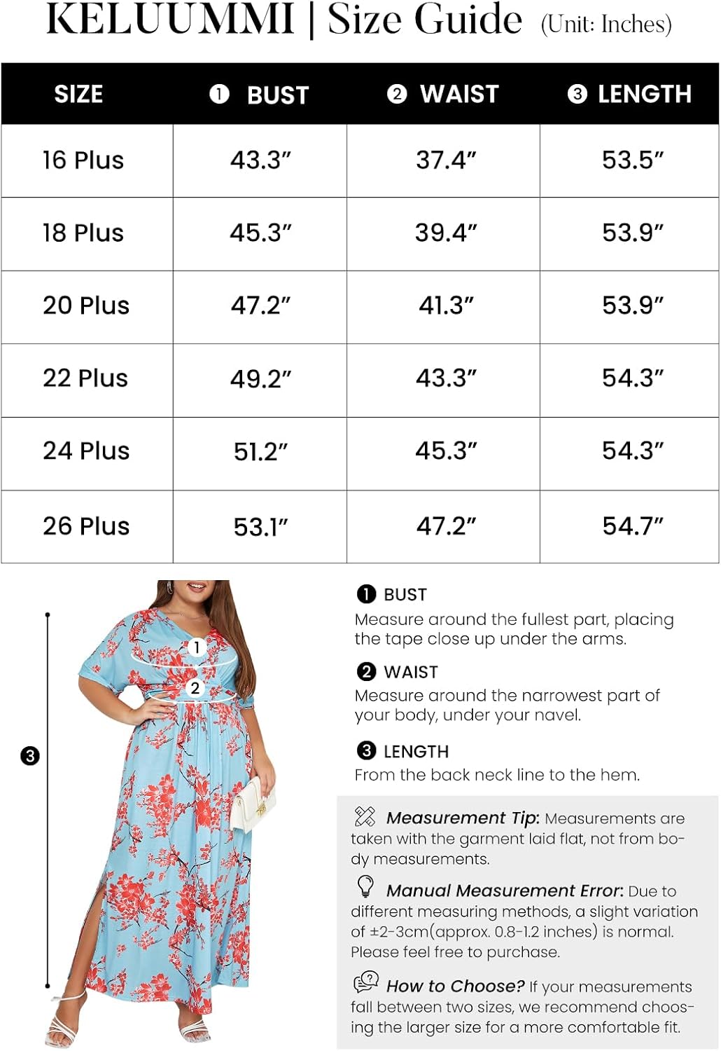 Detalle de Keluummi Women's Plus Size Floral Maxi Dress with V-Neck, 3/4 Sleeves and Pockets