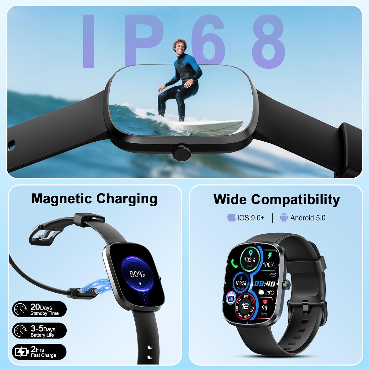 Thumbnail 2 de Montre connectée IA 1,91" étanche IP68 pour homme/femme avec appel Bluetooth, podomètre et ChatGPT