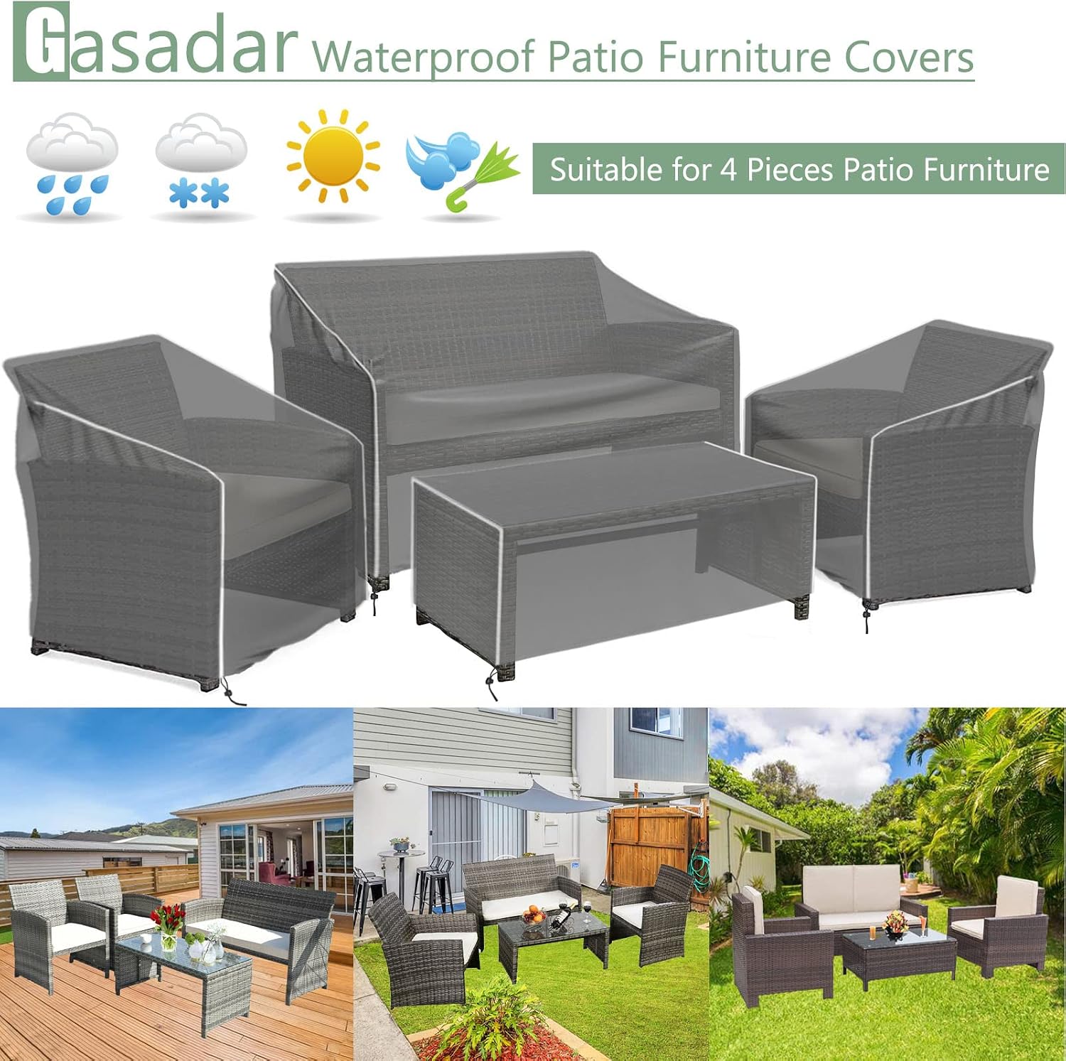 Thumbnail 6 de Gasadar GW-018-2 4-Piece Patio Furniture Covers, 600D Waterproof Oxford
