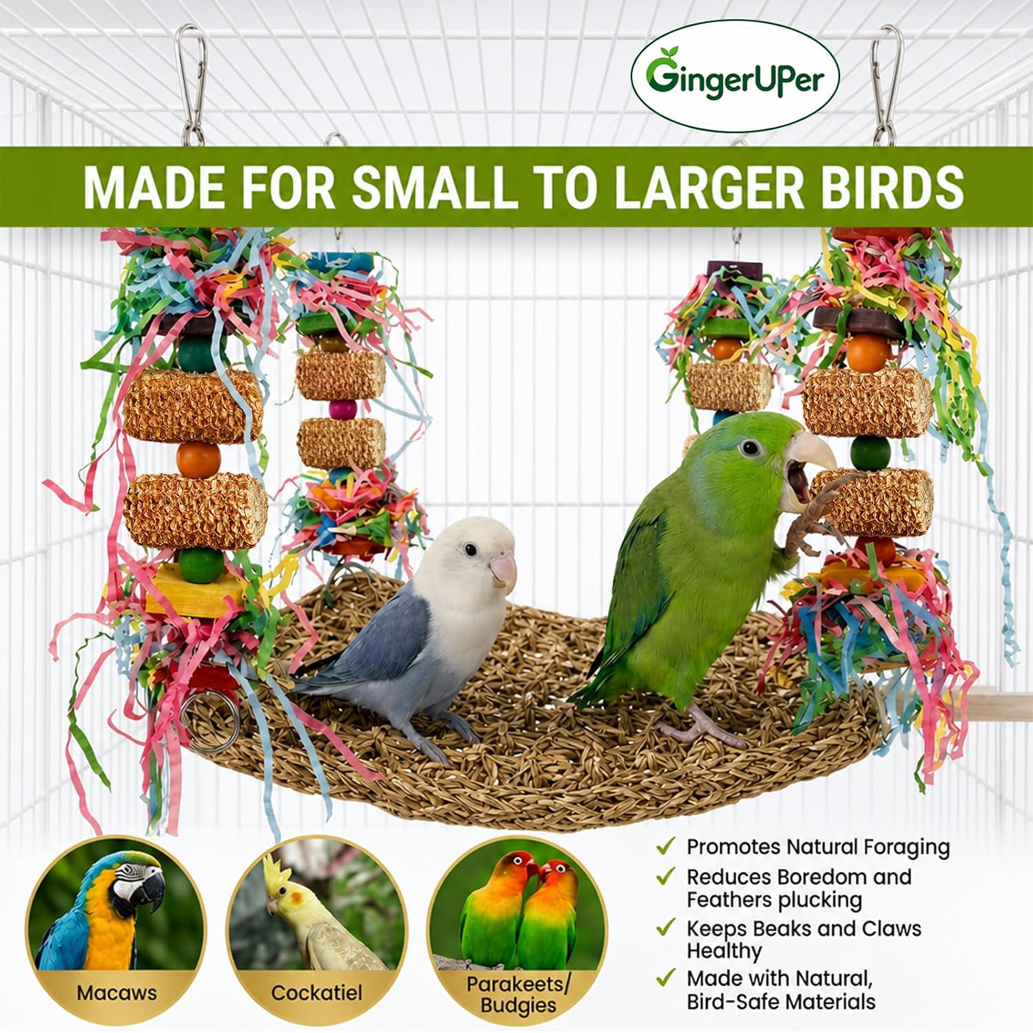 Thumbnail 1 de GingerUPer Oiseaux papegaaienspeelgoed met schommel en kleurrijk kauwmateriaal