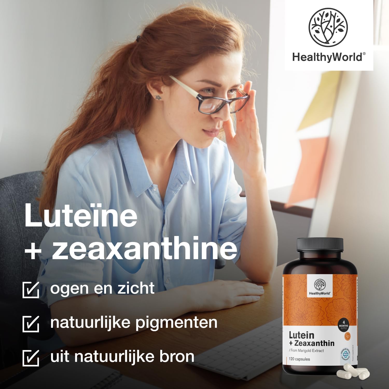 Detalle de HealthyWorld Luteïne + Zeaxanthine supplement, 32 mg + 2 mg, 120 capsules