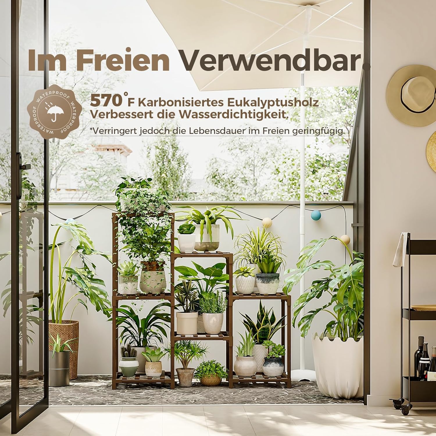 Detalle de Bamworld Pflanzenständer für 7 Etagen – Indoor & Outdoor Blumenregal mit Leiter-Design