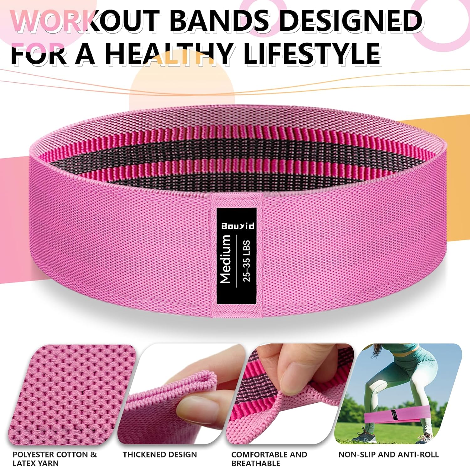 Detalle de Bourid 4 packs Fabric Resistance Bands, 4 Levels for Leg Training