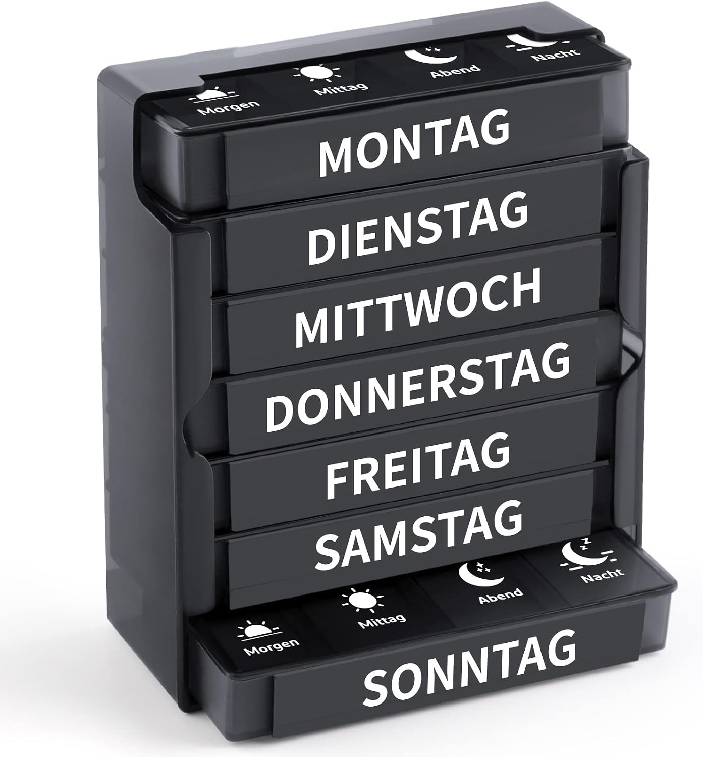 Detalle de Opret Tablettenbox 7 Tage Morgens Mittags Abends Nachts – Vier Fächer, schiebbares Design, BPA-frei