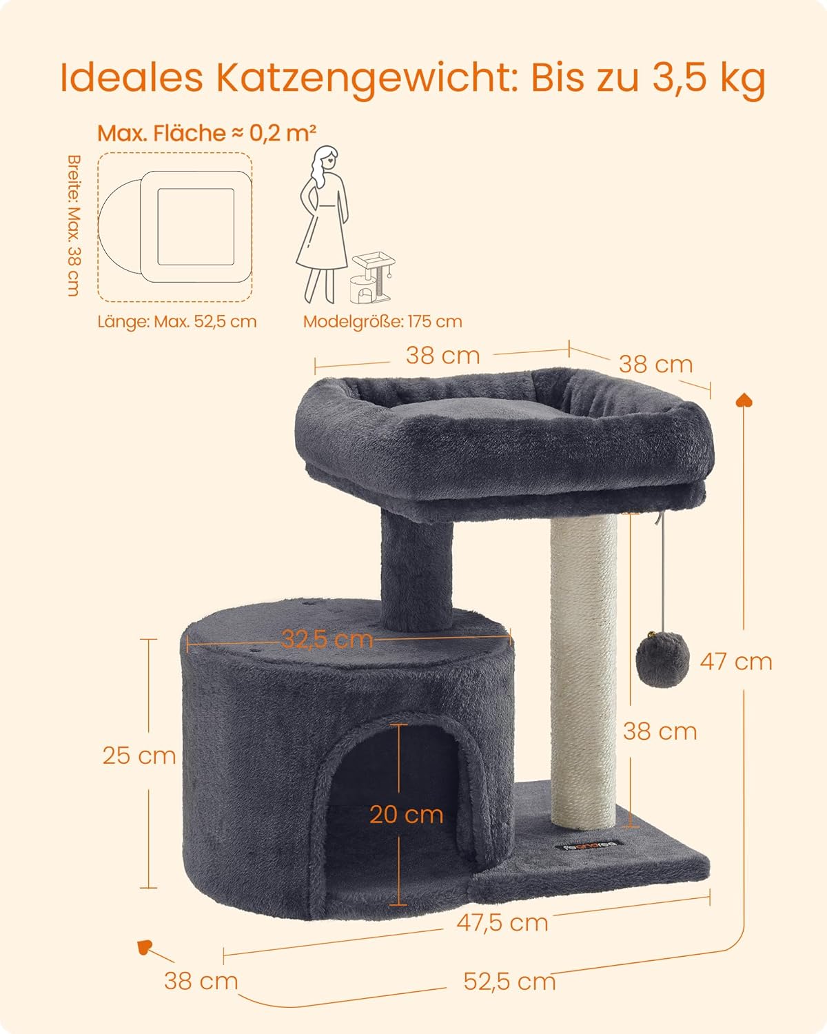 Detalle 2 de Feandrea Kratzbaum klein PCT50G – Katzenspielbaum mit Sisalstamm, rauchgrau