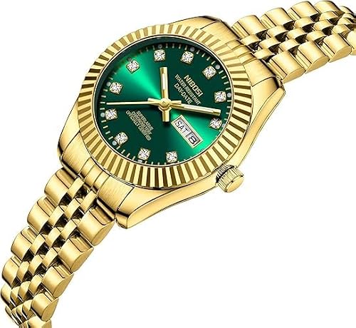 Detalle 2 de NIBOSI Damen Analog Quarz Uhr aus Edelstahl – grünem Zifferblatt mit Datumsanzeige