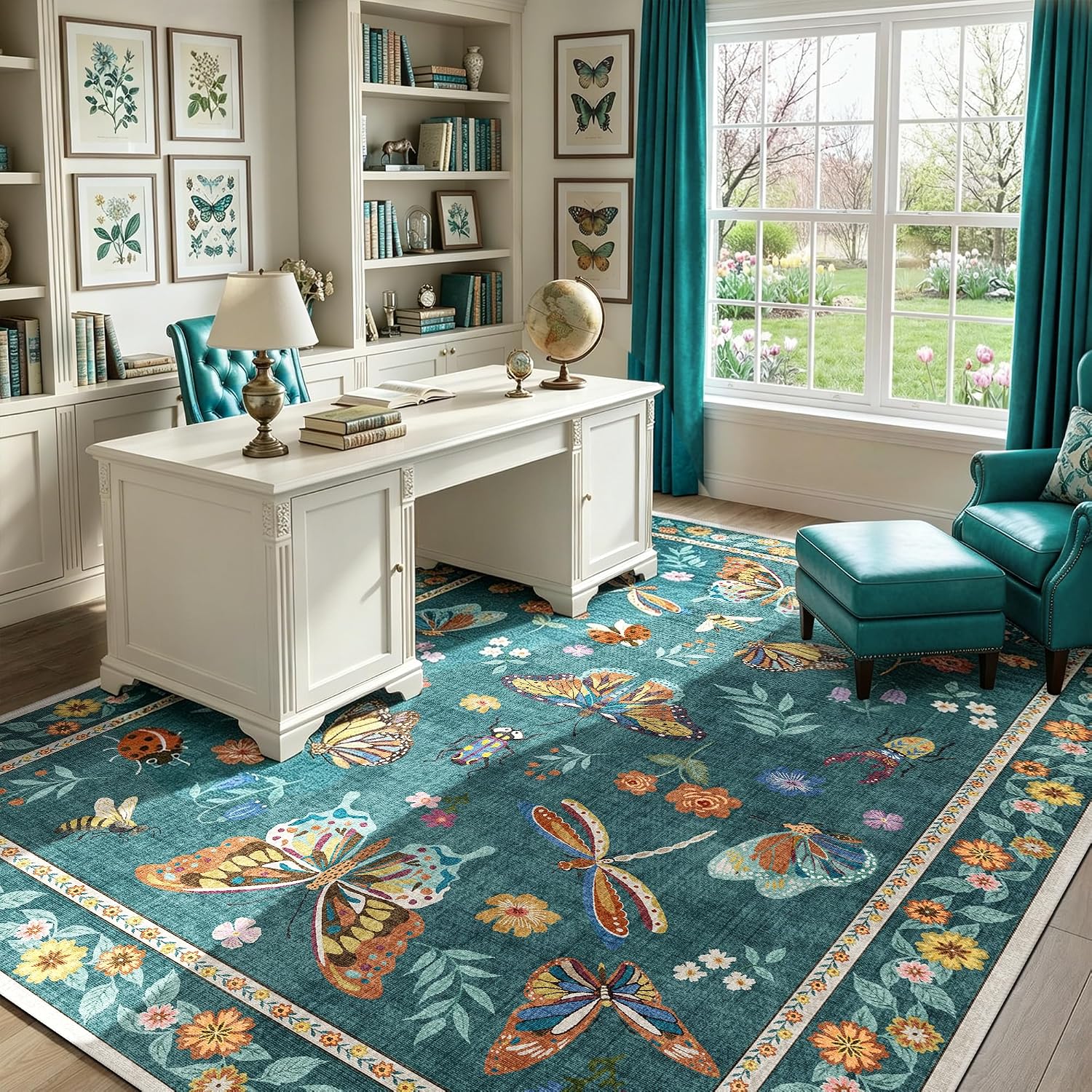 Detalle de AIMPEAK Teal Insect Area Rug, 5' x 7', Washable Low-Pile Polyester