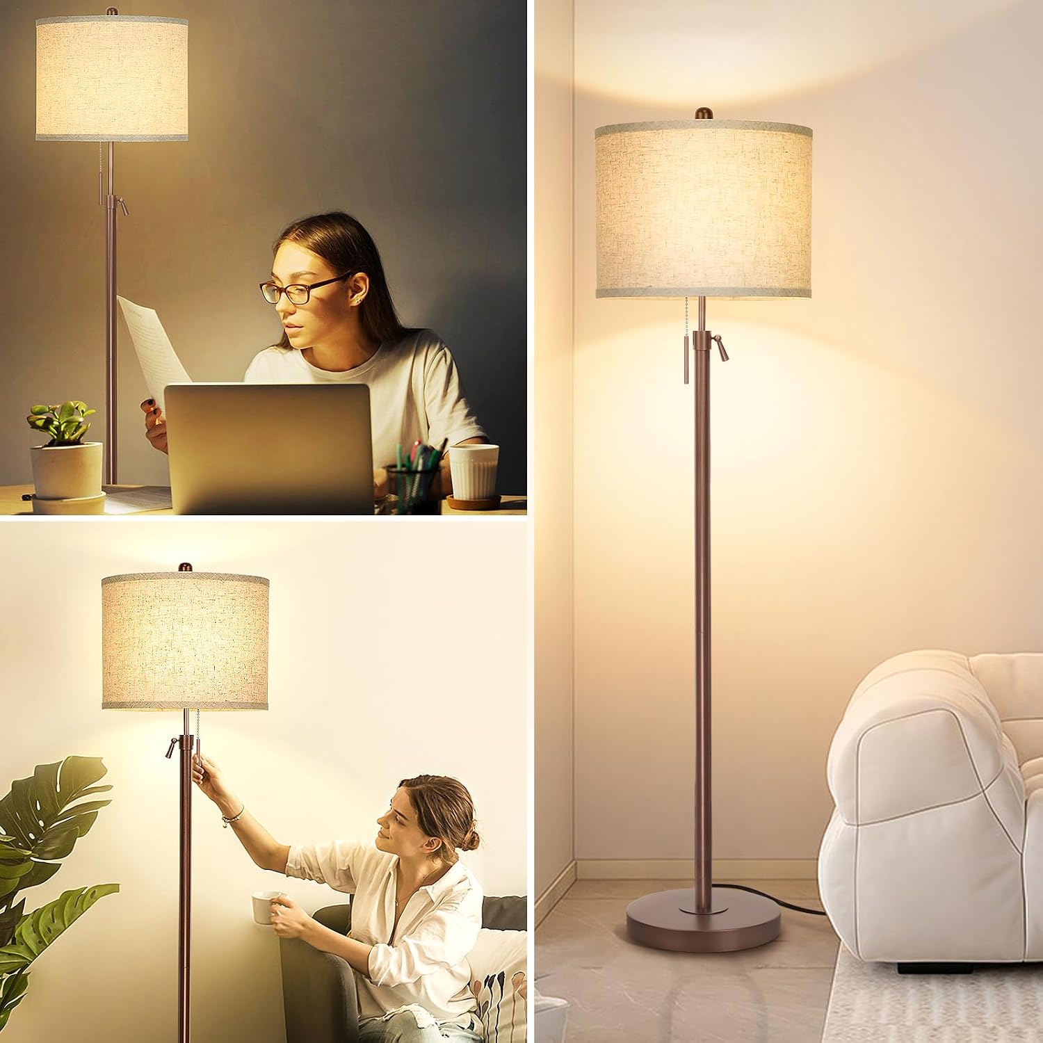 Detalle 2 de Qingmiao Stehlampe mit Leinen-Lampenschirm (E27), 9W-Birne mit 3 Farbtemperaturen, höhenverstellbar 140–168 cm