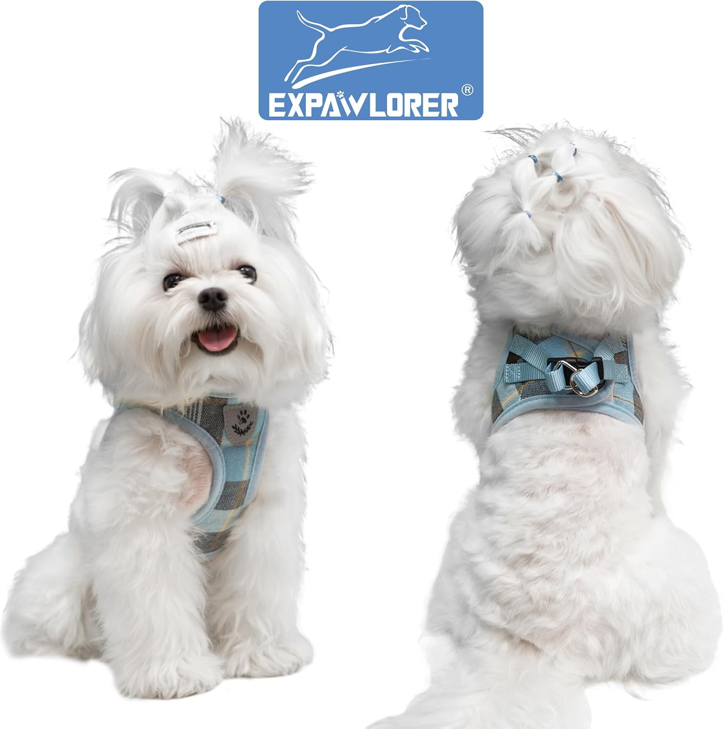 Detalle de EXPAWLORER Classic Plaid Small Dog Harness – Vest, Lead, Collar & AirTag Holder