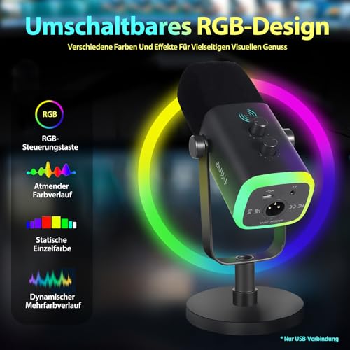 Detalle de FIFINE XLR Gaming Mikrofon – USB/XLR, Stummschalttaste, RGB-Lichtring für Streaming, Podcast & Studio
