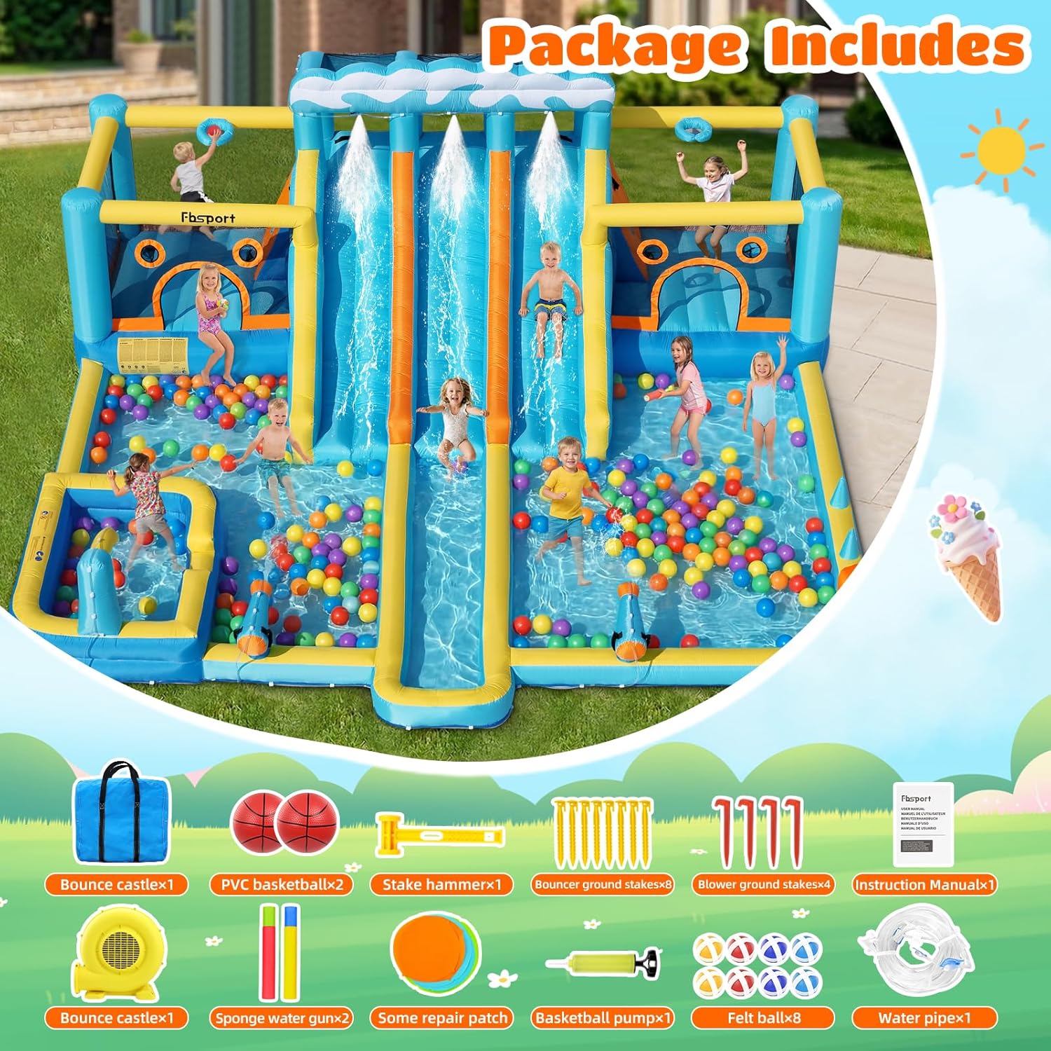 Thumbnail 6 de FBSPORT Inflatable Bounce House Water Slide with 3 Slides and 2 Bouncers: 10-in-1 Outdoor Play for Kids
