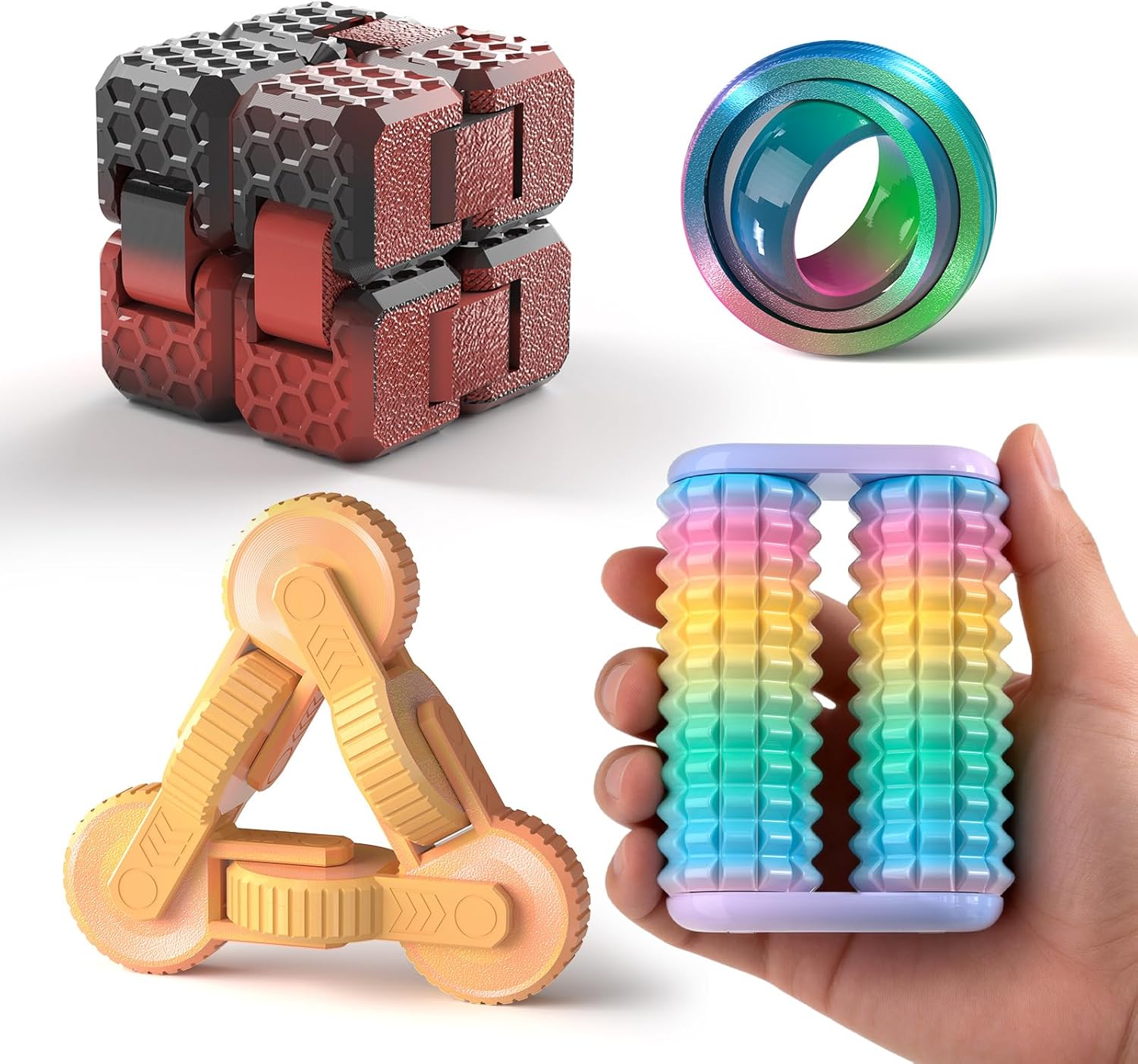 JOYBLI 4-Piece Handheld Fidget Toy Set for Adults & Kids (Finger Spinners, Infinity Cube, Fidget Cube, Massage Roller)