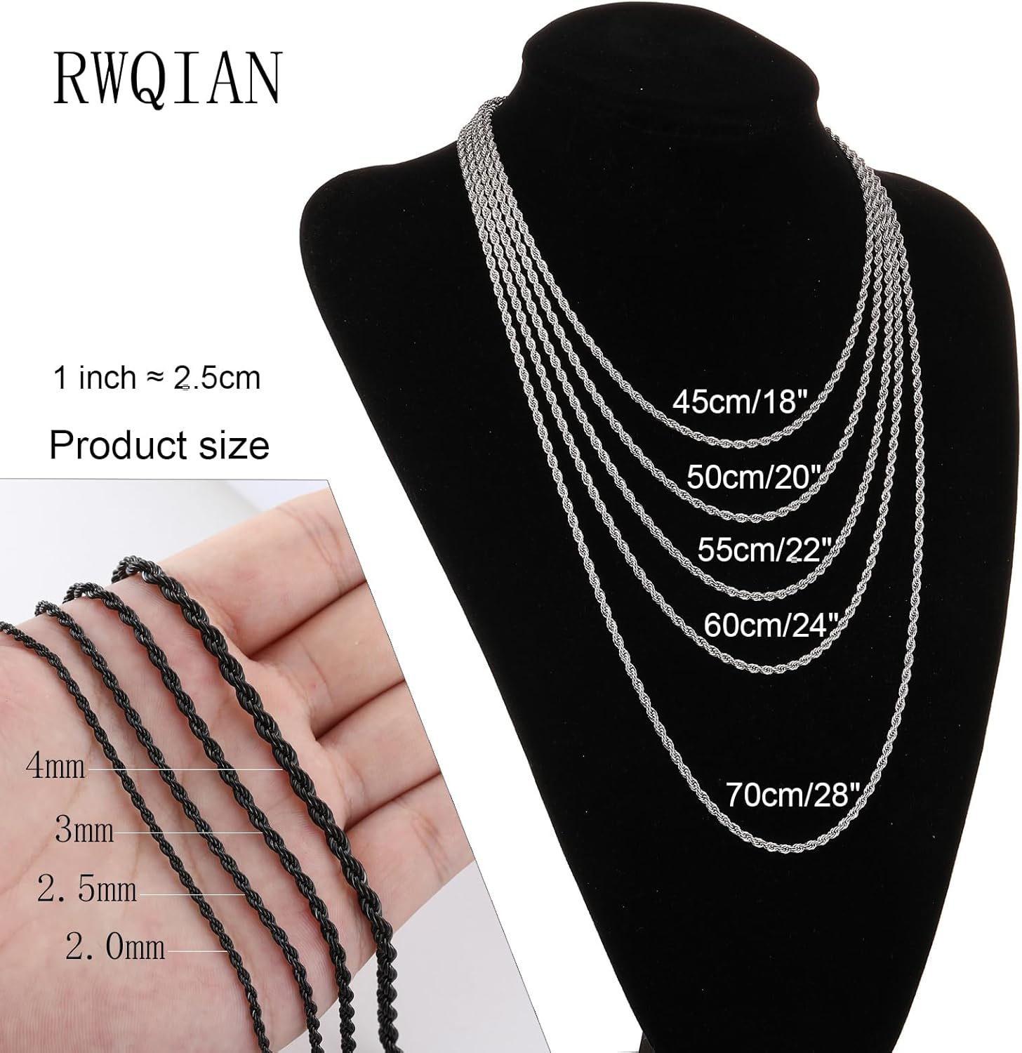 Detalle 2 de RWQIAN Kordelkette Herren Edelstahl Verdrehte Kette 2–4 mm, Silber/Gold/Schwarz | 45–70 cm
