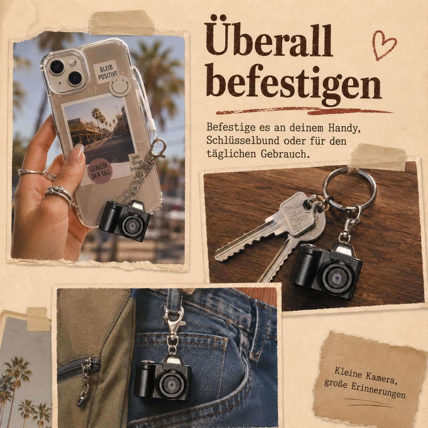 Detalle de MaxMango Mini Schlüsselanhänger Digitalkamera – Retro-Kamera mit 1,3 Zoll, 1080P und 64 GB Speicher (Schwarz)