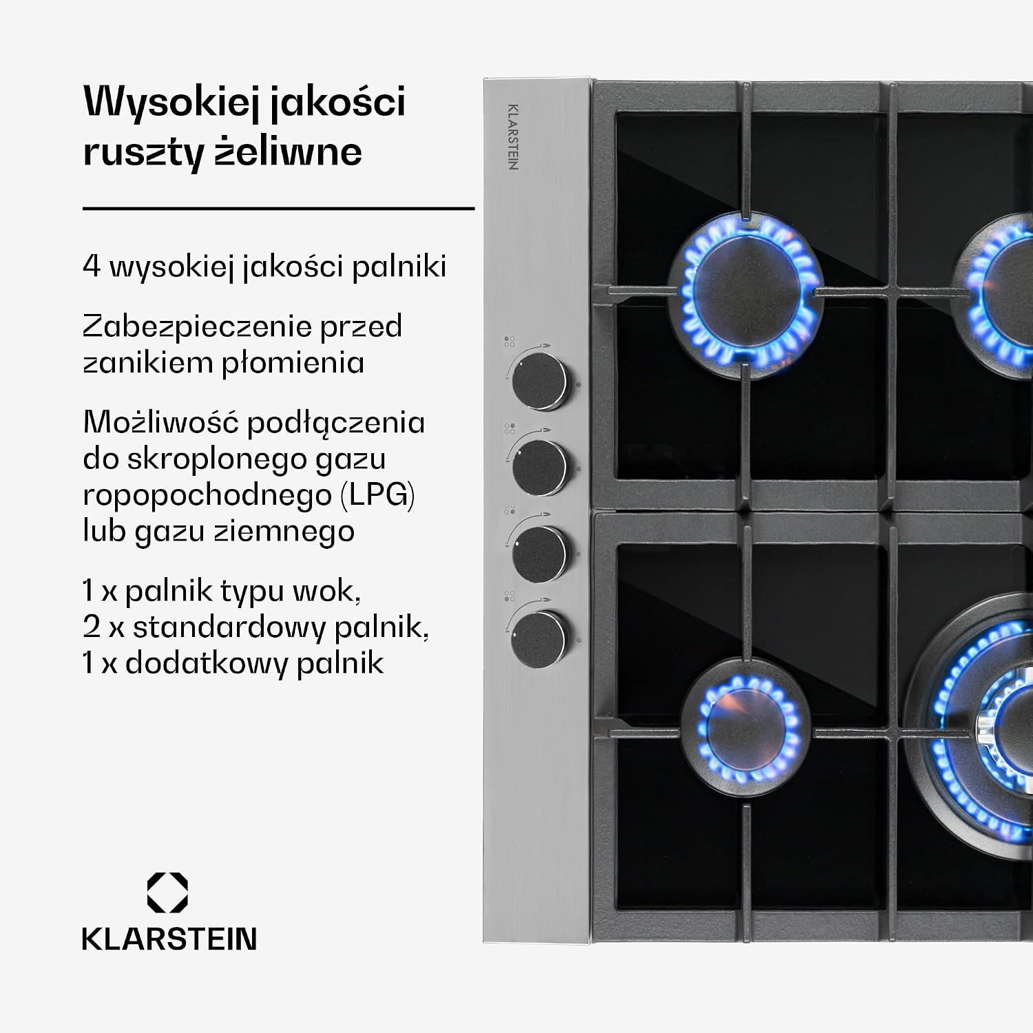 Detalle de Klarstein 4-palnikowa płyta gazowa do zabudowy, czarna, ceramiczno-szklana