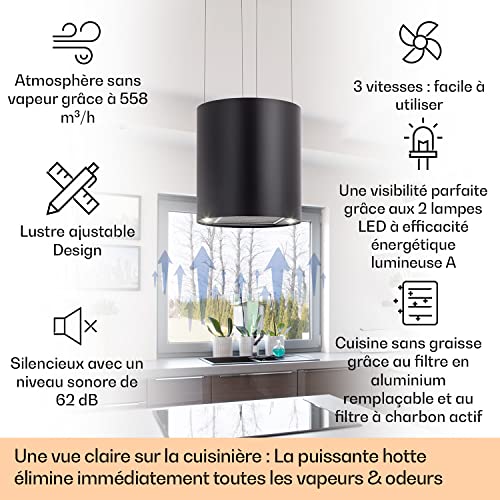 Detalle de Klarstein Hotte Ilôt Central Silencieuse et Design – 522 m³/h, 3 modes, minuterie, filtration au charbon actif