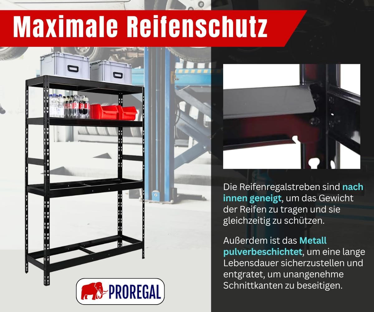 Thumbnail 6 de PROREGAL Reifenregal Tiger (180 x 120 x 40 cm) für bis zu 6 Reifen + 3 Ablagen, Schwarz