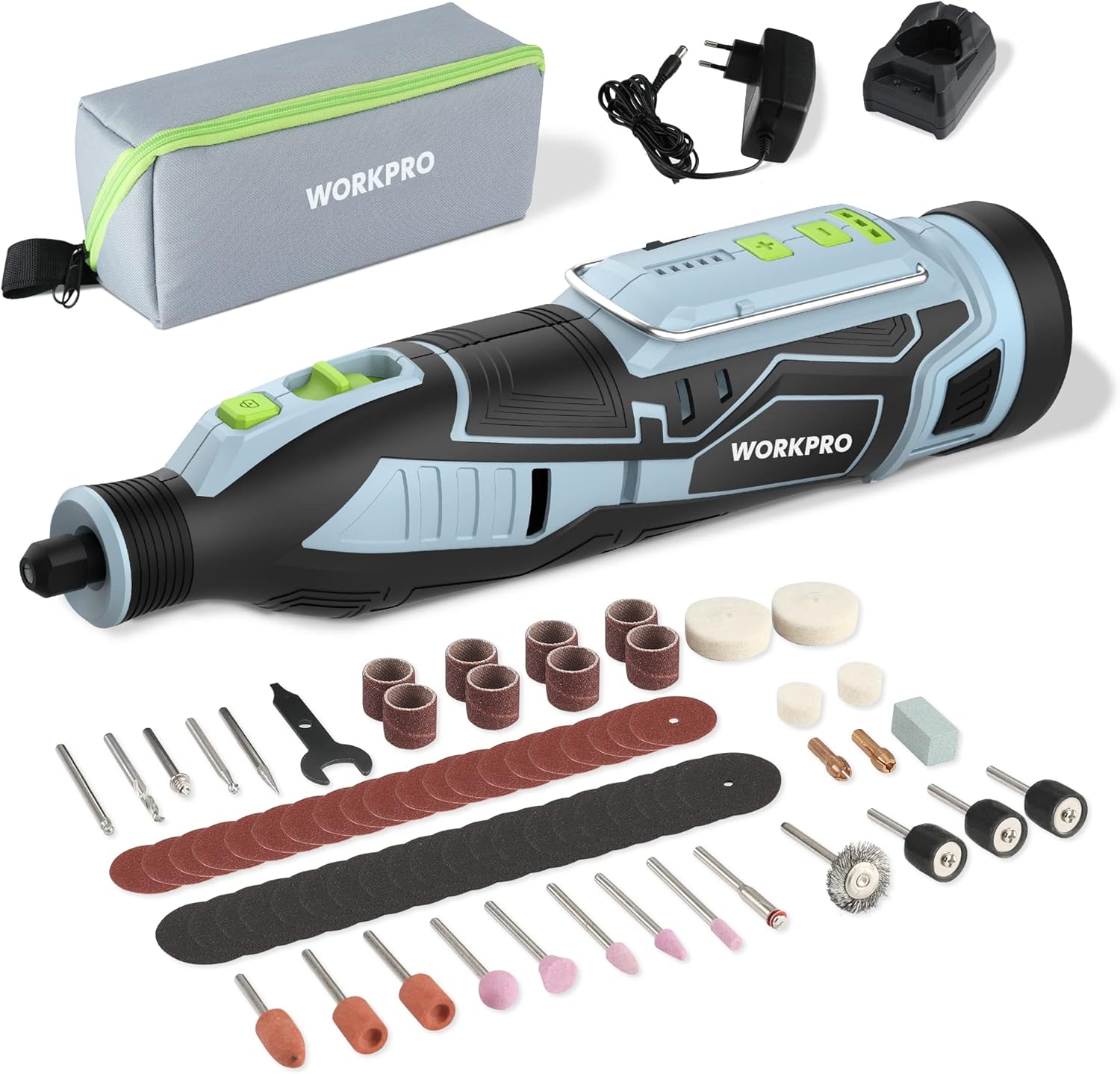 Detalle de WORKPRO Outil Rotatif Multifonction sans Fil 12 V avec 114 accessoires
