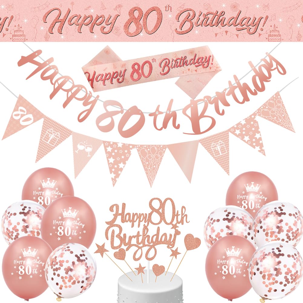 Rose Gold Happy 80th Birthday Banner, Sash, Cake Topper, Triangle Flags & Confetti Balloons Decoration Set