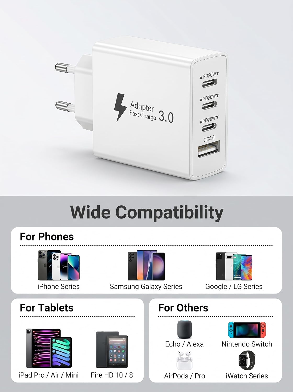 Detalle de EU Travel Adapter Charger: 50W 4-in-1 EU Plug with 3 USB-C and 1 USB-A plus 2m Nylon Cable