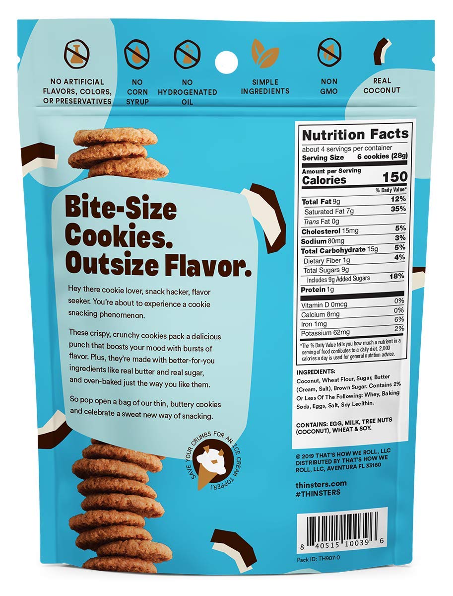 Detalle 2 de Thinsters Toasted Coconut Cookie Thins, Non-GMO, 4 oz, 12-Pack