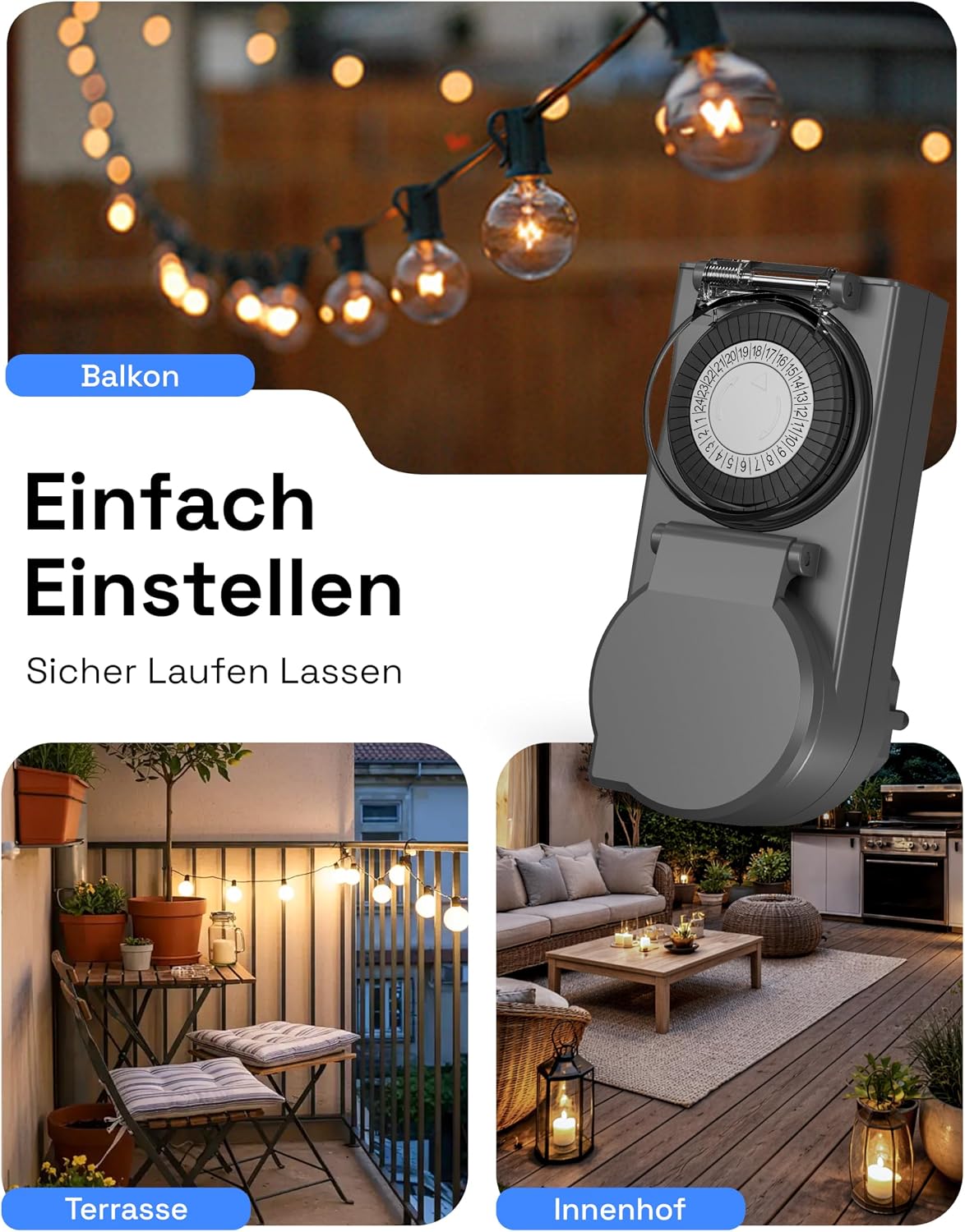 Thumbnail 6 de HBN Zeitschaltuhr Steckdose Außenbereich IP44 – Mechanisch, 24 Stunden, 16 A, Anthrazit
