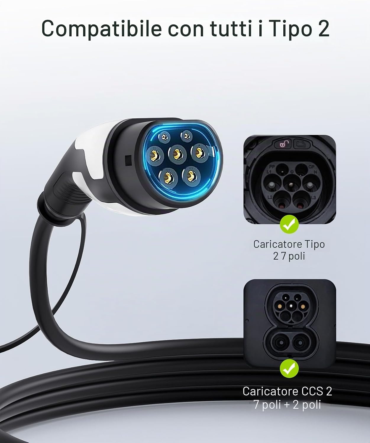 Detalle de Tomons Cavo di Ricarica Rapida da Tipo 2 a Tipo 2, 11 kW / 5 m – Compatibile con Veicoli Elettrici e PHEV (IP55, TPU ignifugo)