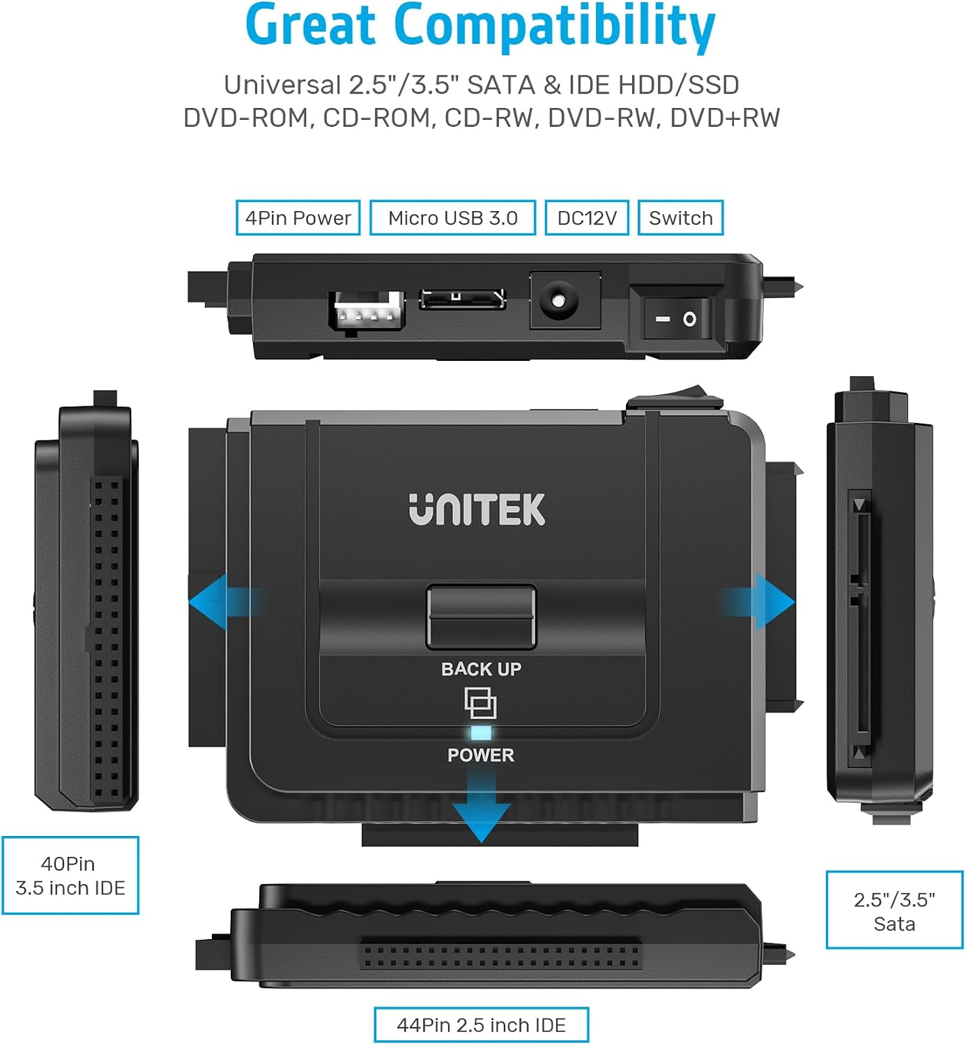 Thumbnail 2 de Unitek USB 3.0 to IDE & SATA Converter External HDD Adapter Kit (One Touch Backup, 12V/2A Power)