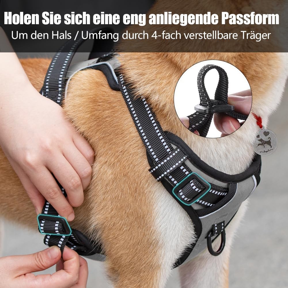 Detalle 2 de PoyPet No Pull Hundegeschirr Grau, Größe S – Reflektierendes Geschirr mit 2 Leinenbefestigungen