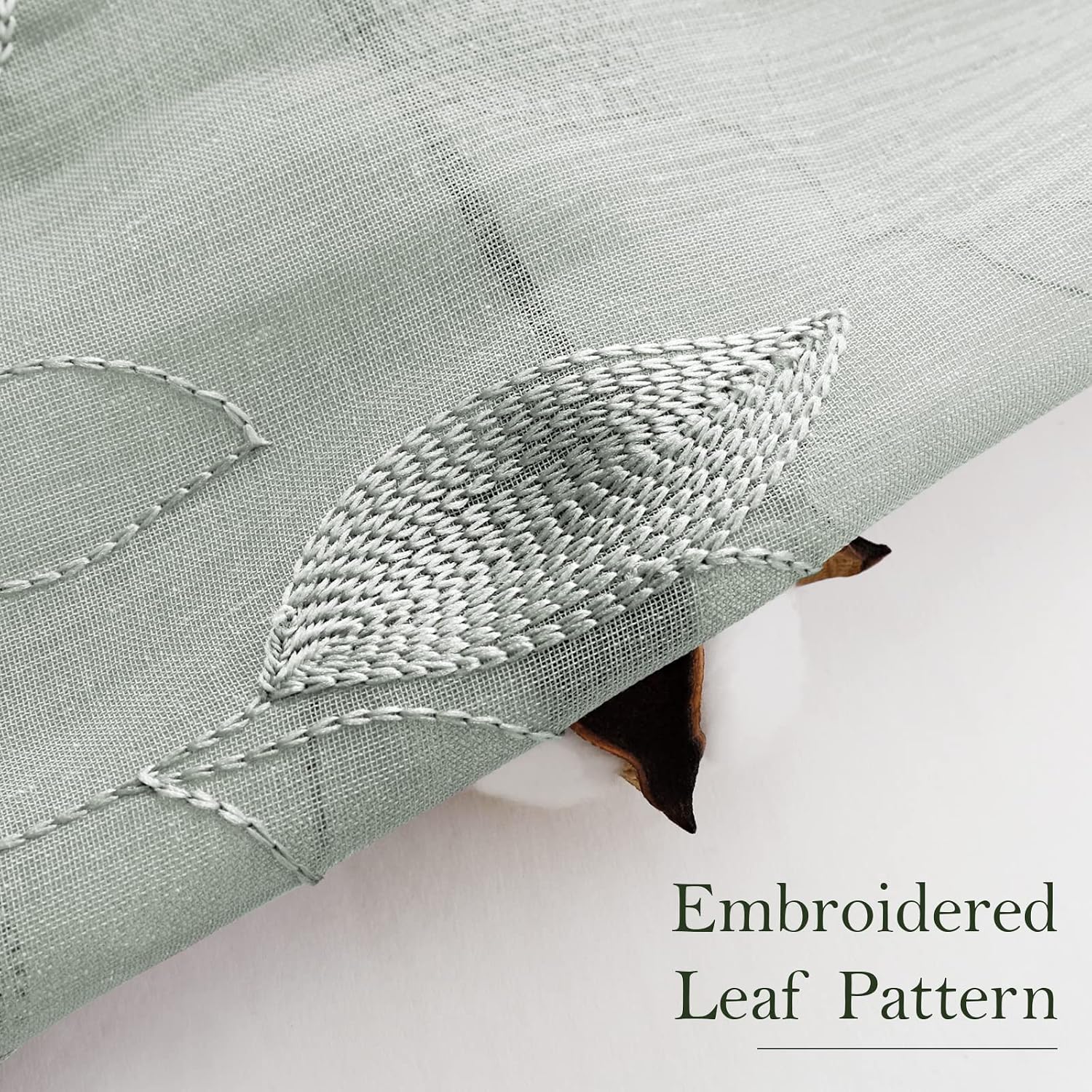Detalle de HOMEIDEAS 2 Sheer Curtains, Sage Green Embroidered Leaves, 52 x 84 Inches