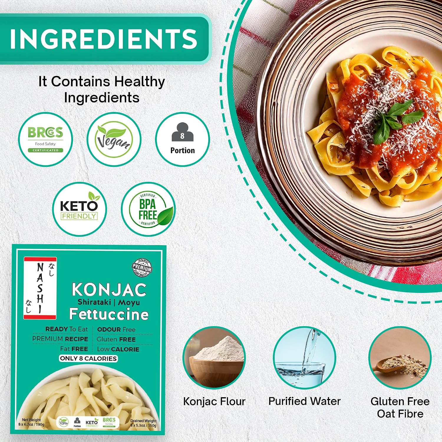 Detalle 2 de Nashi Shirataki Konjac Fettuccine 8×190g 🍝