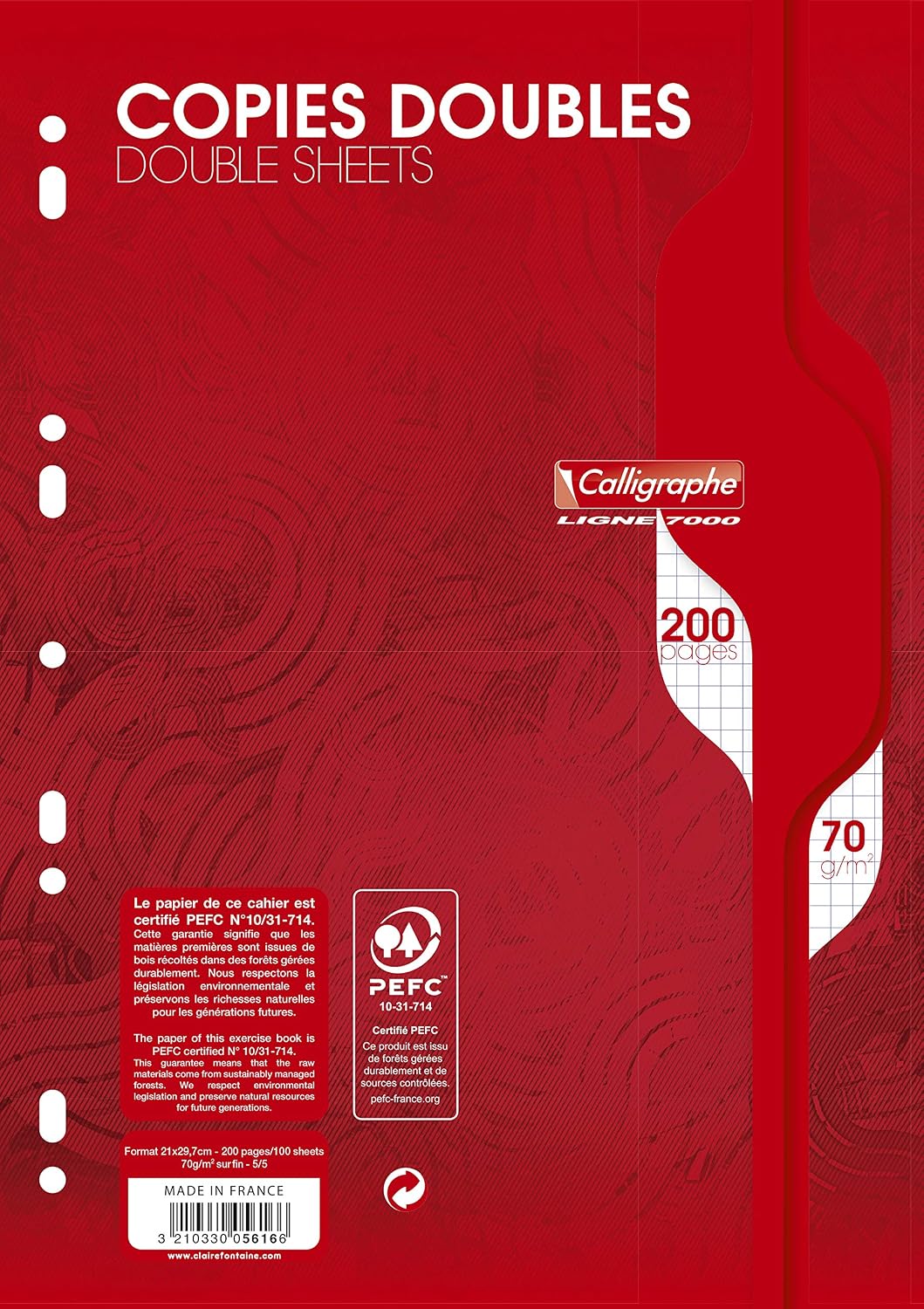 Detalle de Calligraphe 5615AMZC – Lot de 2 Paquets de Copies Doubles Perforées, A4 70 g, Clairefontaine