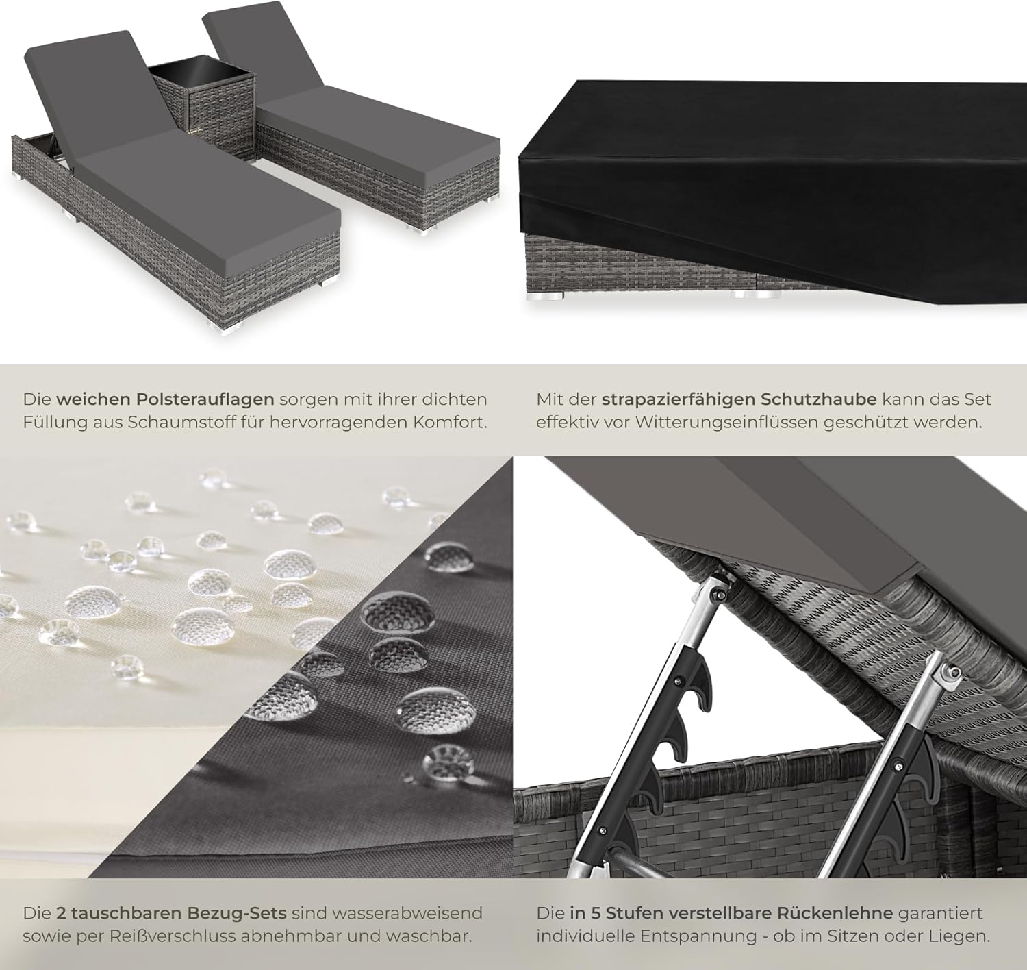 Thumbnail 5 de tectake® 2er Garten Lounge Sonnenliegen-Set mit Tisch (2er Set, grau)