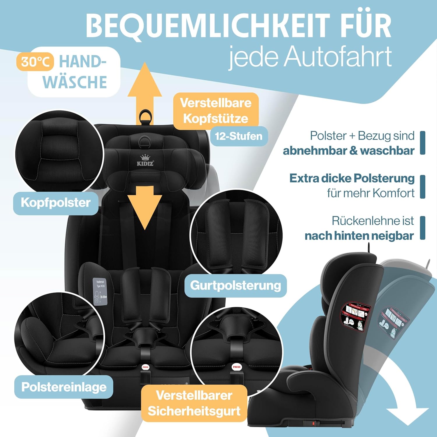 Thumbnail 5 de KIDIZ® Autokindersitz mit ISOFIX i-Size R129, 100–150 cm (bis 12 Jahre), 5-Punkt-Gurt & höhenverstellbarer Kopfstütze – Schwarz