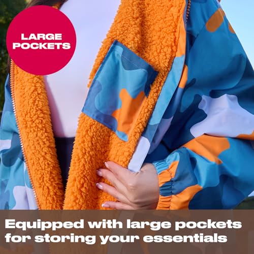 Detalle de OHS Rain Coats for Women & Men Camouflage Waterproof Changing Robe with Hood and Pockets (Blue/Orange, L/XL)