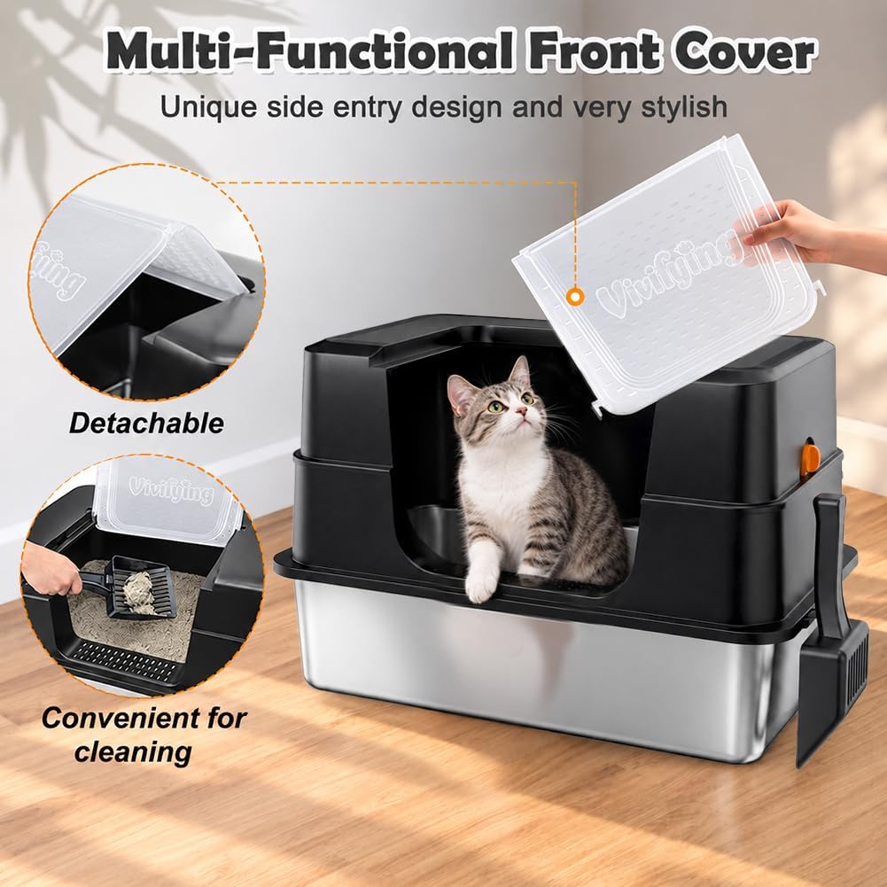 Detalle 2 de Vivifying XL Stainless Steel Cat Litter Box with Lid, Side Entry, Black