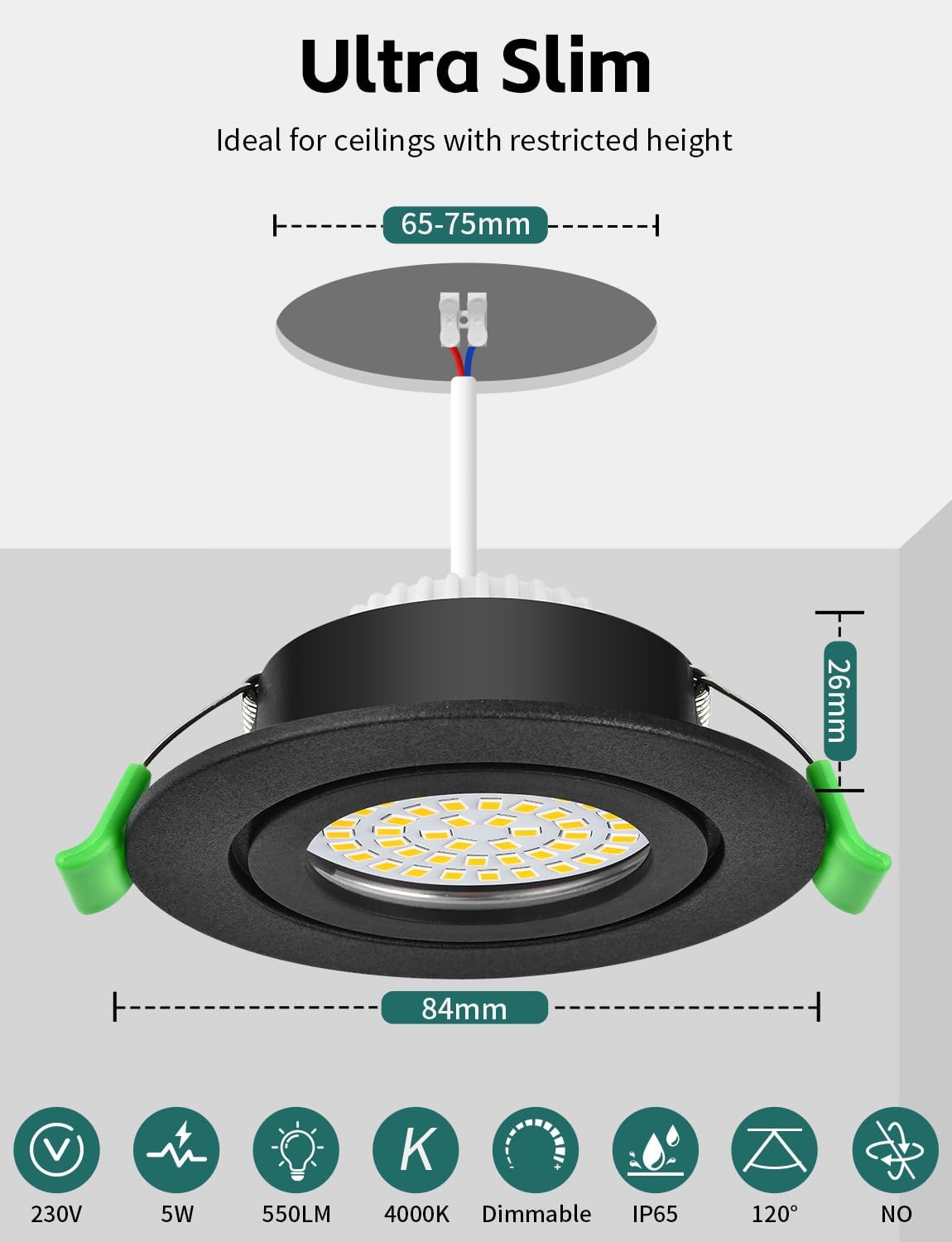 Detalle 2 de KYOTECH LED-Einbaustrahler 230V dimmbar, 5 W, 4000 K (IP65) im 6er-Set, Einbau 65–75 mm, schwarz (nicht drehbar)