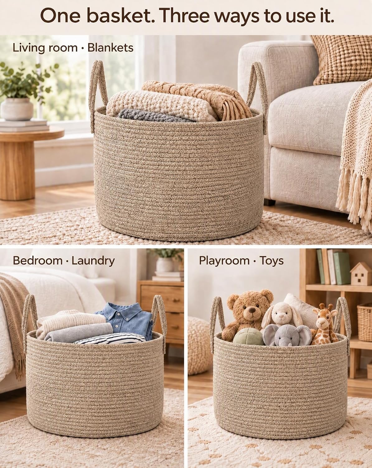 Thumbnail 6 de JMvicyroam 65L Extra-Large Blanket Basket (Woven Cotton Rope Laundry Hamper) — Oatmeal