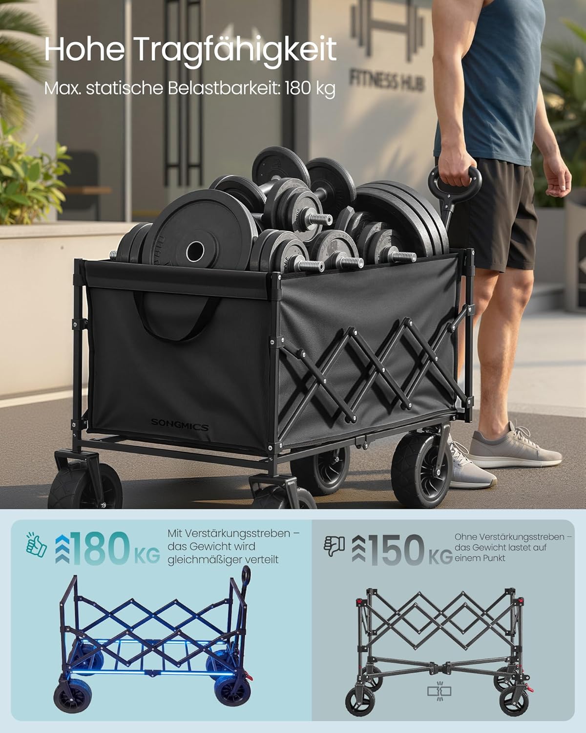 Detalle de SONGMICS Kleiner faltbarer Handwagen GFW201B101 – kompakt, belastbar bis 180 kg, 4 Rollen (2 universal), 63×23,5×78 cm, tintenschwarz