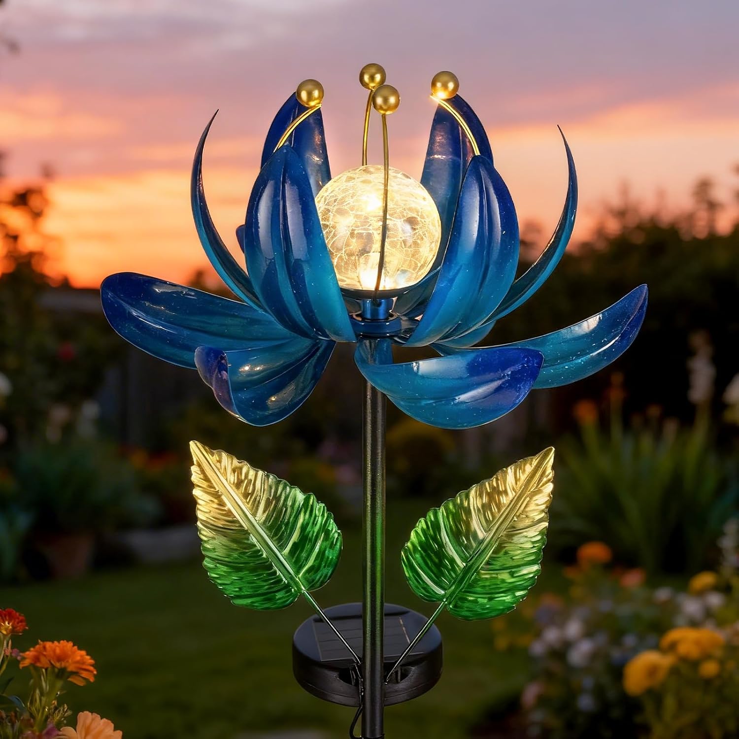 Thumbnail 6 de Solar Garden Lights Metal Flower Decor with Rotating Windmill Lotus LED Crystal Ball Stake Light (Outdoor Waterproof)