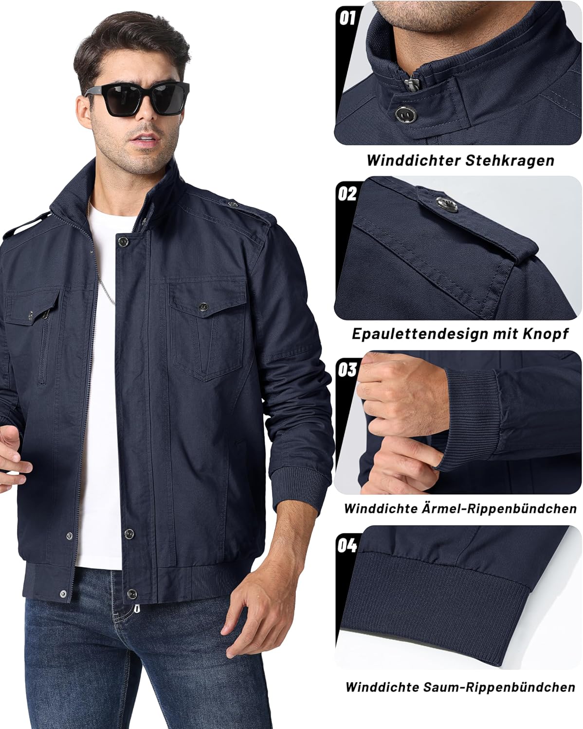 Detalle de MAGCOMSEN Herren-Übergangsjacke Winddicht „Cargo Outdoor“ mit Stehkragen und Multifächertaschen