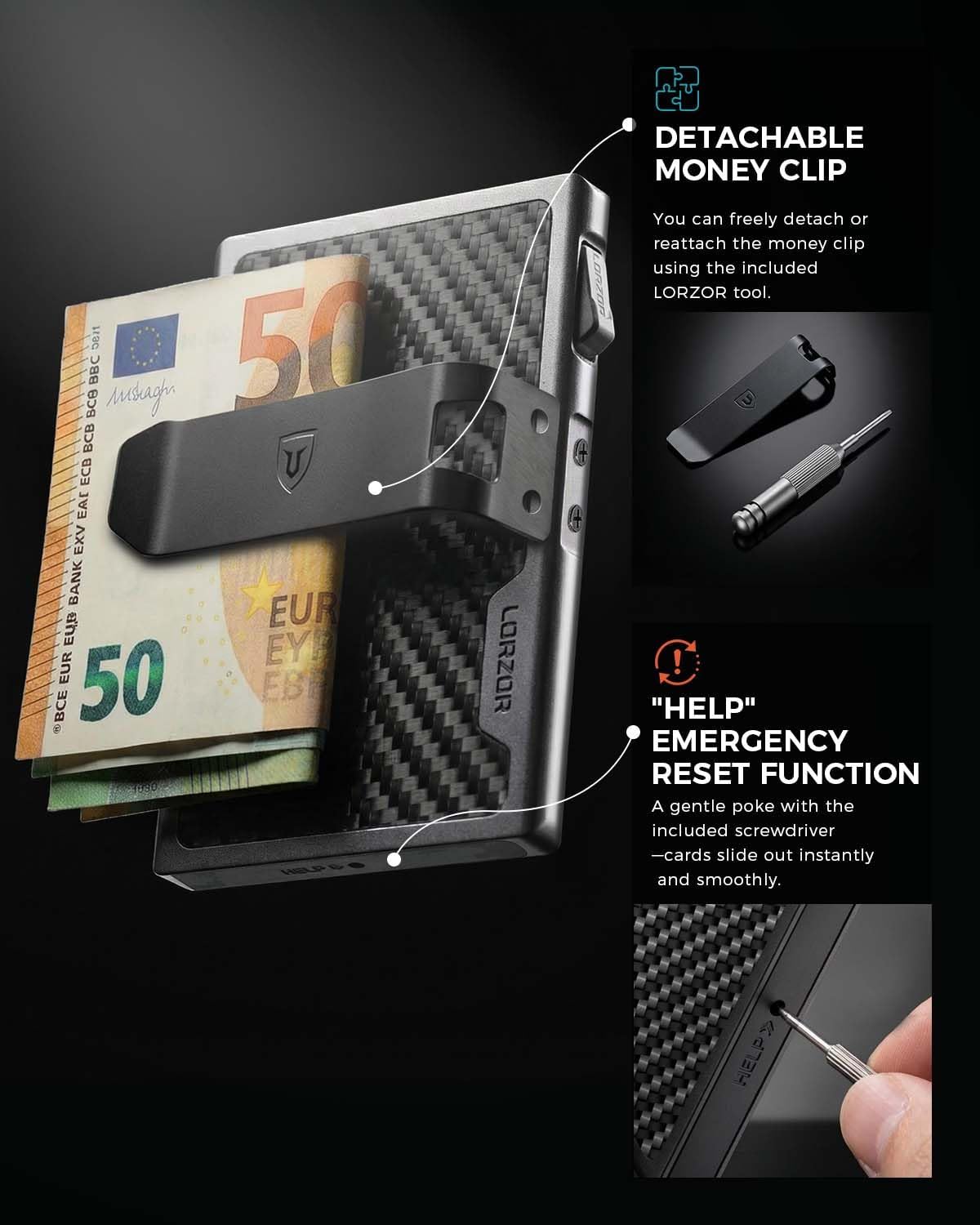 Thumbnail 5 de LORZOR Minimalist Slim Wallet with Removable Money Clip (Military-Grade Carbon Fibre) – RFID Blocking Card Holder